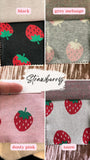 The image is a collage of six fabric swatches, each featuring a different color and pattern of strawberries. The swatches include black, grey, black and grey, pink, and pink and grey. The text "Strawberry" is displayed in the center of the image, and the swatches are labeled with the colors and patterns they represent.