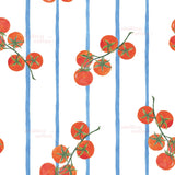 a repeating pattern of red tomatoes on blue vertical stripes.