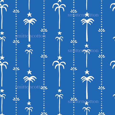 a blue background with white palm trees