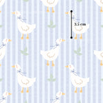 a repeating pattern of white ducks with blue bows on their necks, set against a blue striped background.