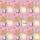 a repeating pattern of various colorful and whimsical illustrations of snails, hearts, and other playful elements arranged in a grid-like fashion.