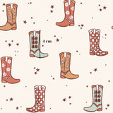 a pattern of various cowboy boots, each with different designs and colors, scattered across a white background with stars.