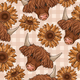a repeating pattern of brown cow heads and sunflowers against a light-colored background.