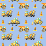 a repeating pattern of various construction vehicles, including dump trucks, cement mixers, and traffic cones, all set against a blue background.