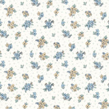a repeating pattern of small blue and yellow flowers and leaves on a white background.