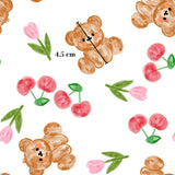 a repeating pattern of teddy bears, cherries, and pink flowers. The teddy bears are depicted in various poses, and the cherries and pink flowers are scattered throughout the image. The image is approximately 4.5 cm in size.