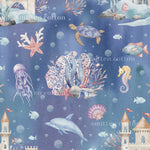 The image is a watercolor painting depicting various marine life, including a turtle, starfish, jellyfish, seahorse, and fish, along with a castle and other underwater elements.