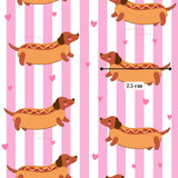 The image is a repeating pattern of cartoon-style hot dogs on a pink and white striped background.