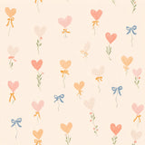 a repeating pattern of heart-shaped balloons with bows, arranged in a grid-like layout.