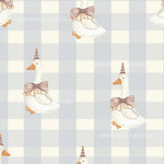 a repeating pattern of cartoon-style ducks wearing party hats and bow ties against a light blue and white checkered background.