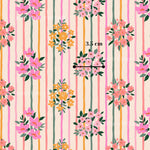 The image is a repeating pattern of pink and orange flowers on a striped background.