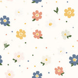 a repeating pattern of various colorful flowers, including yellow, pink, white, and blue flowers, along with green leaves. The flowers are scattered throughout the image, creating a visually appealing and vibrant design.
