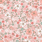 The image is a seamless pattern of various flowers and leaves in shades of pink, white, and green. The pattern features a variety of flowers, including roses, lilies, and other types, along with leaves and stems. The flowers are arranged in a repeating pattern, creating a visually appealing and harmonious design.
