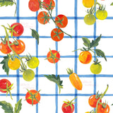 The image is a vibrant and colorful illustration of various fruits and vegetables, including tomatoes, carrots, and leaves, arranged in a grid-like pattern against a white background.