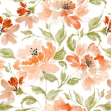 The image is a repeating pattern of watercolor flowers and leaves in shades of orange and green.