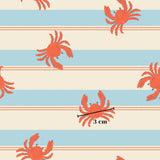 a repeating pattern of red crabs on blue and white striped backgrounds.