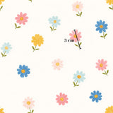 a repeating pattern of various colorful flowers, including pink, blue, yellow, and white flowers, against a white background.
