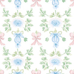 a repeating pattern of blue flowers with pink bows, arranged in a symmetrical and decorative manner.