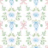 a repeating pattern of blue flowers with pink bows, arranged in a symmetrical and decorative manner.