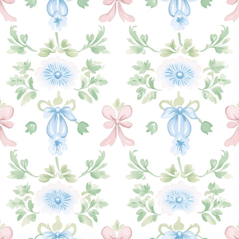 a repeating pattern of blue flowers with pink bows, arranged in a symmetrical and decorative manner.