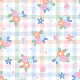 a repeating pattern of pastel-colored flowers and leaves against a checkered background.