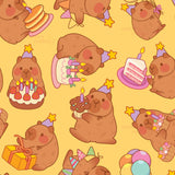 The image is a repeating pattern of cartoon-style illustrations of brown bears wearing party hats and holding various birthday-themed items, such as cakes, balloons, and presents.