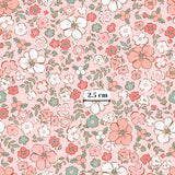 The image is a repeating pattern of various flowers and leaves in shades of pink, white, and green.