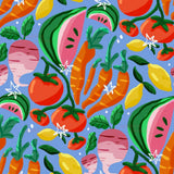 The image is a vibrant and colorful pattern featuring various fruits and vegetables, including watermelon, lemons, carrots, and radishes, all set against a bright blue background.