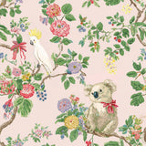 The image is a vibrant and colorful floral pattern featuring a koala bear and a parrot perched on branches adorned with flowers and leaves.