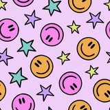 a repeating pattern of smiley faces and stars on a pink background.