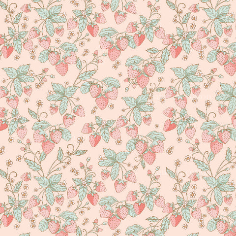 a pink background with green leaves and strawberries