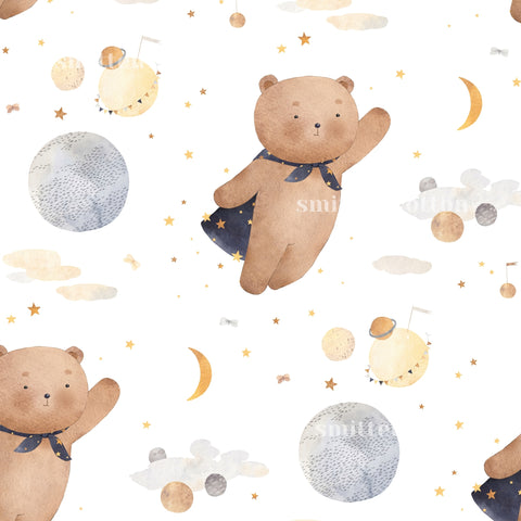 The image is a repeating pattern of teddy bears flying in the sky, with various celestial objects such as planets, stars, and a crescent moon.