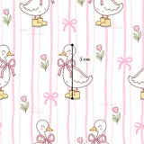 a repeating pattern of cartoon-style ducks with bows on their legs, along with pink flowers and pink ribbons. The ducks are wearing yellow boots and appear to be standing on a pink background with vertical stripes.