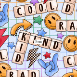 The image is a collage of various colorful and playful elements, including Scrabble tiles, smiley faces, stars, and other decorative shapes. The overall composition is vibrant and visually engaging, with a focus on the word "KIND".