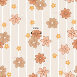 a repeating pattern of brown and orange flowers on a light background with white vertical stripes.