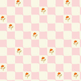 a repeating pattern of pink and white squares, each containing a small orange flower.