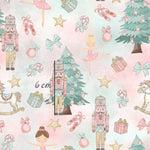 a pink and green christmas pattern with a nutcracker