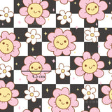 a pattern with flowers and stars on a black and white checkered background