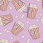 a pink background with red and white popcorn bags