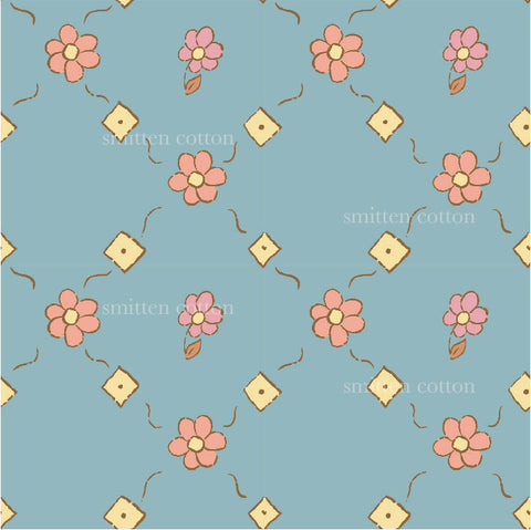 a blue background with pink and yellow flowers