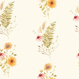 a repeating pattern of various flowers and leaves in shades of yellow, orange, and green against a light background.