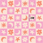 a pink and white checkered pattern with stars, moon, and stars