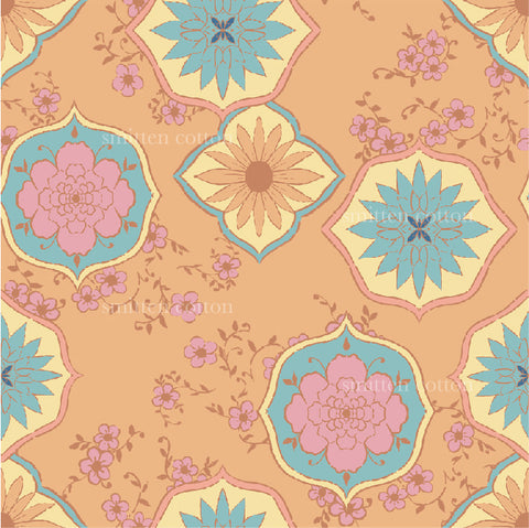 an orange background with pink and blue flowers