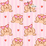 a repeating pattern of cartoon-style dogs wearing heart-shaped sunglasses against a pink background.