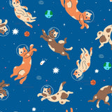The image is a repeating pattern of cats wearing astronaut helmets and floating in a space-themed background with planets, stars, and comets.