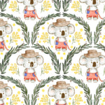 a repeating pattern of cartoon koalas wearing hats and overalls, surrounded by green leaves and yellow flowers.