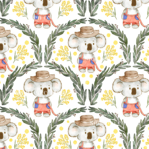 a repeating pattern of cartoon koalas wearing hats and overalls, surrounded by green leaves and yellow flowers.