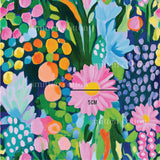a painting of colorful flowers and plants on a blue background