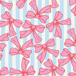 a pattern of pink bows on a blue and white striped background