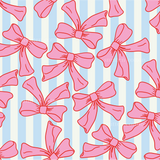 a pattern of pink bows on a blue and white striped background